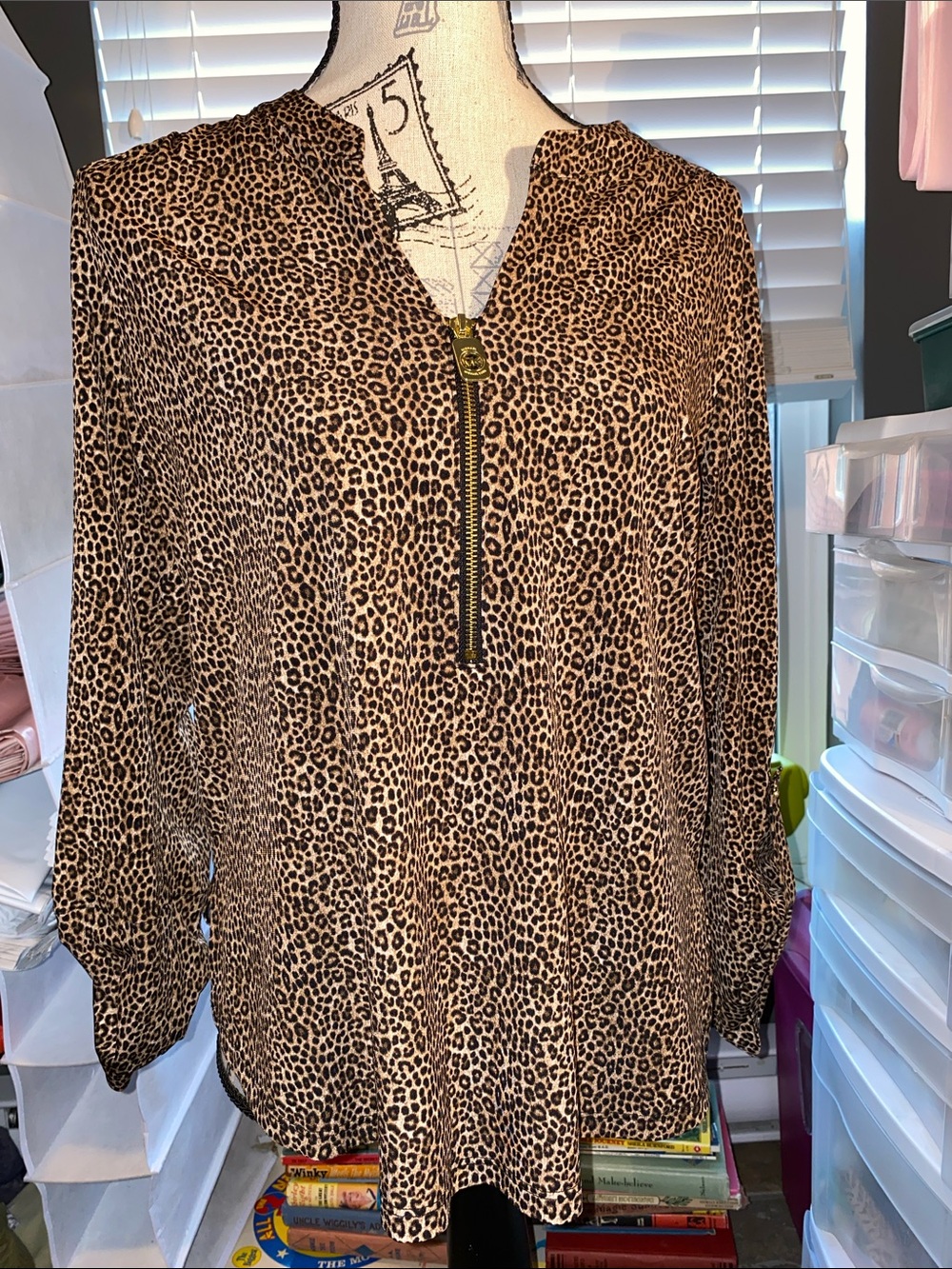 Michael Kors Leopard Print ZipFront Women's Blouse - Brown
